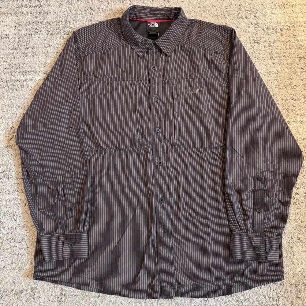 The North Face Button Up Shirt Mens L Brown Striped Long Sleeve Hiking Outdoor